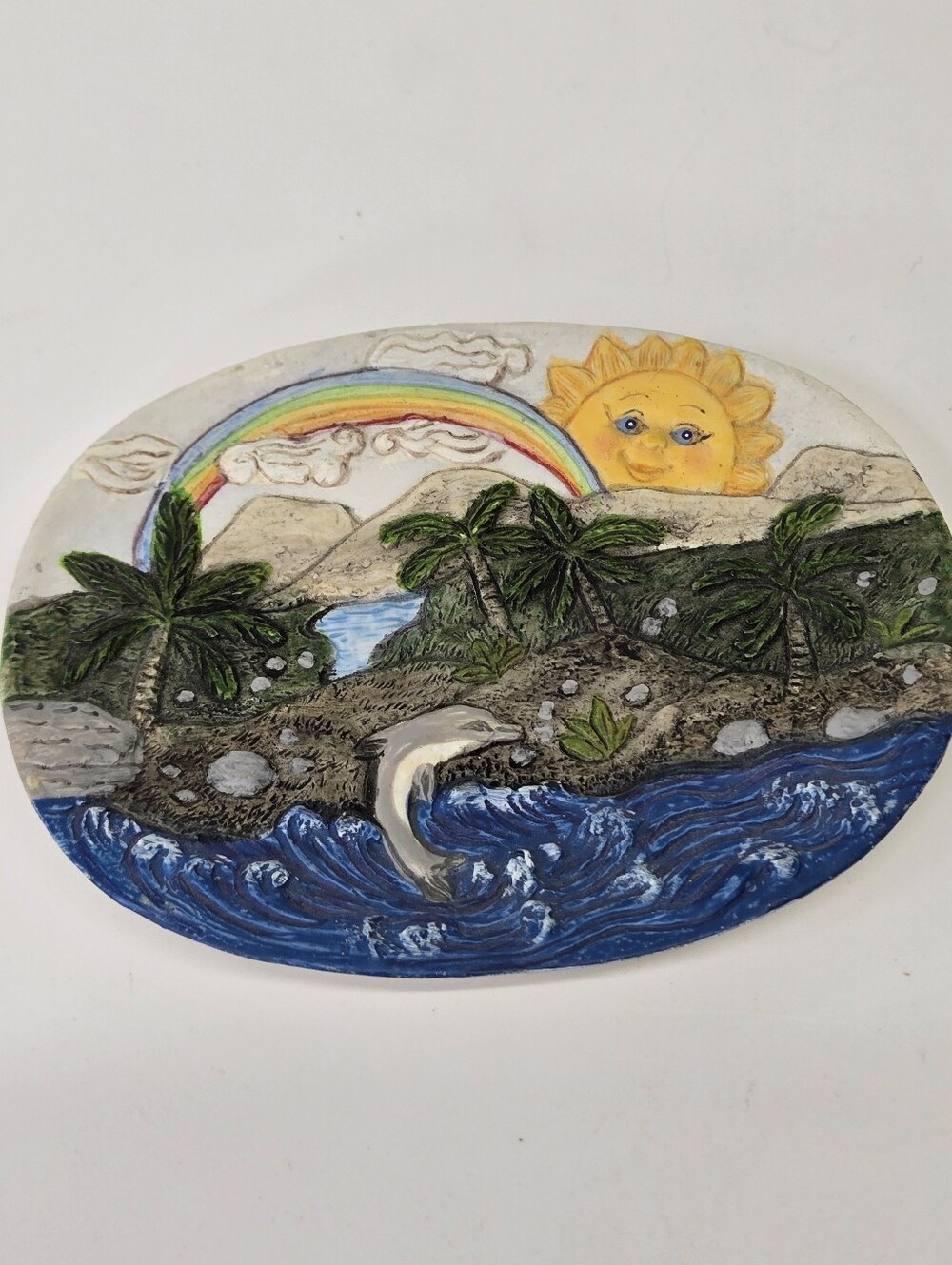 VTG Handmade Tropical Dish Dolphin Rainbow Palm Tree Beach Decor Whimsical